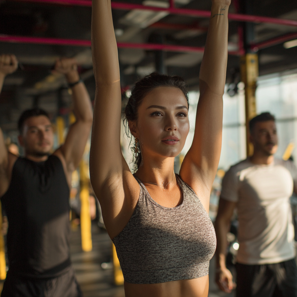Confident Uzbek fitness instructor demonstrating proper exercise form in a clean, modern gym environment